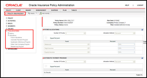 Allocation Link on Policy Screen