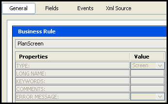 General pane of the PlanScreen business rule