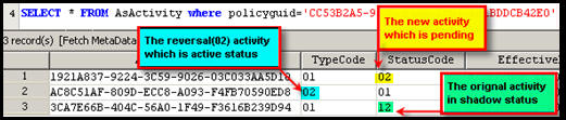 Database record showing new actiivity as pending, reversal activity as active and old activity as shadowed.