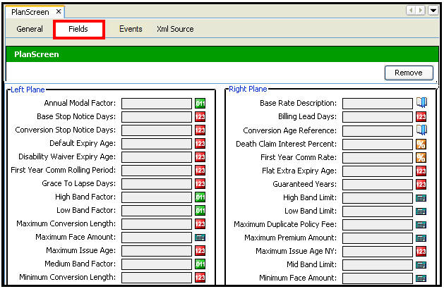 Fields pane of the Plan Screen