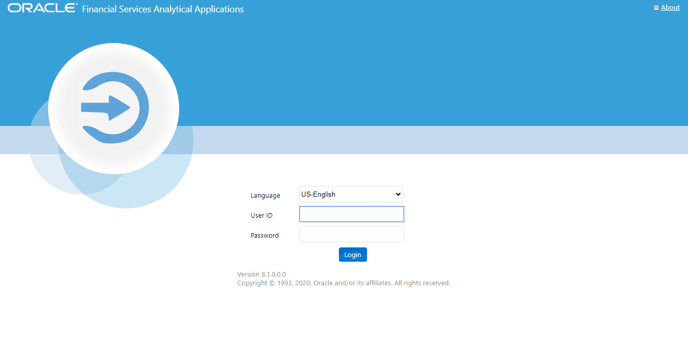 Description of the OFSAAI application Login Page follows This illustration shows the login page for the OFSAAI application. You can select the required Language, enter valid User ID and Password, and then click Login.