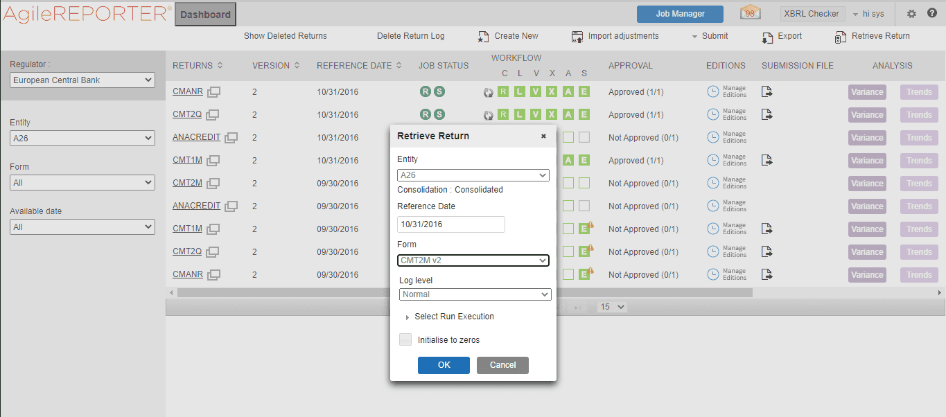 Description of the Retrieve Returns page follows This illustration shows the data retrieval from OFSAA derived entities using AgileREPORTER.