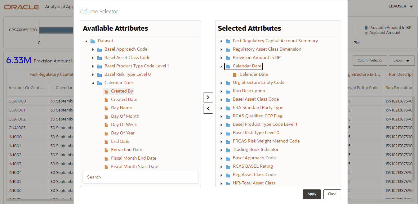 Description of the Drill down Attribute Selector window follows This illustration shows the list of available attributes and the selected attributes, you can select the attribute and add the attribute and click Apply.