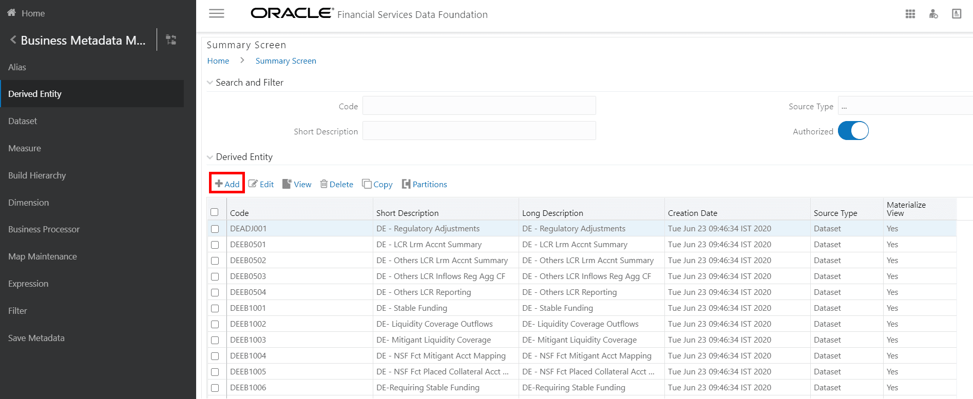 Description of the Derived Entity Summary page follows This illustration shows the navigation to the Derived Entity Summary in the FSDF application. 