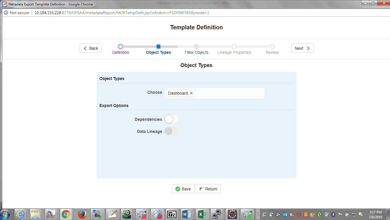 Description of the Template Definition Report Export Options window follows This illustration shows the Template Definition Report Export Options window to select the object types and the export option. 