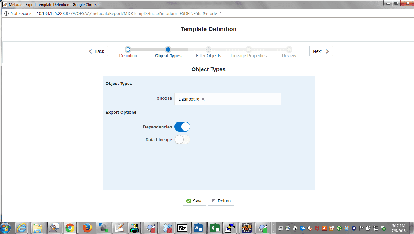 Description of the Template Definition Report Export Options Selected window follows This illustration shows the Template Definition Report Export Options window to select the object types and the export option as Dependencies and click Save. 