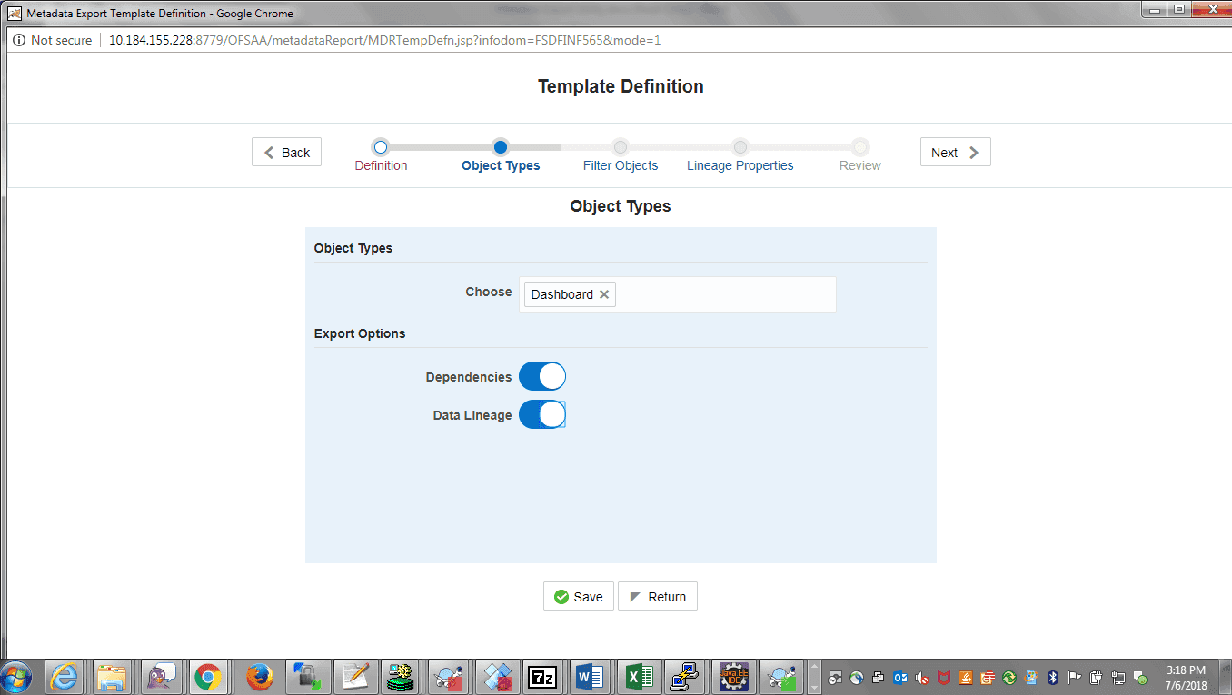 Description of the Template Definition Data Lineage Selection Screen follows This illustration shows the Template Definition Data Lineage Selection screen where you can select the Data Lineage export option only if the Dependencies export option is selected and click Save.