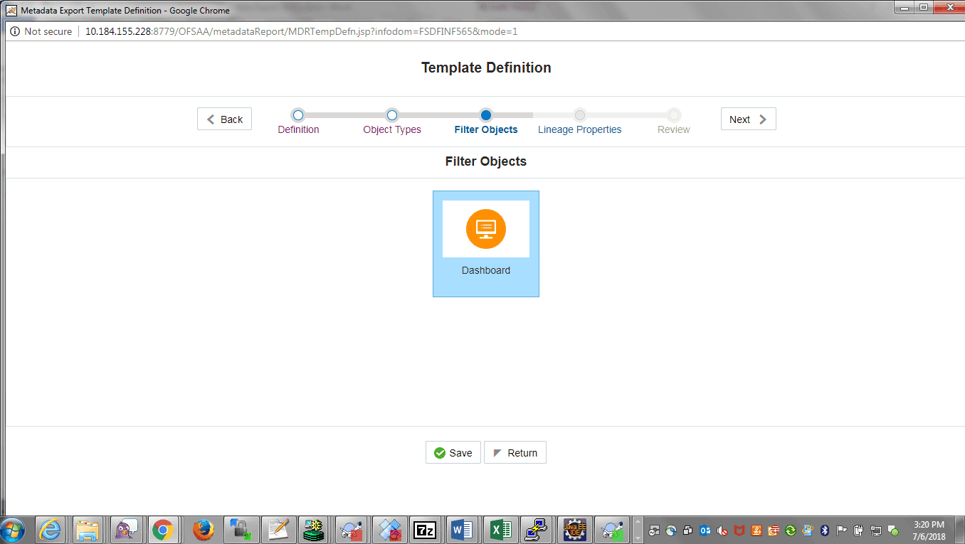 Description of the Template Definition Filter Objects Screen follows This illustration shows the Template Definition Filter Objects screen to select the Filter Objects in the template definition.