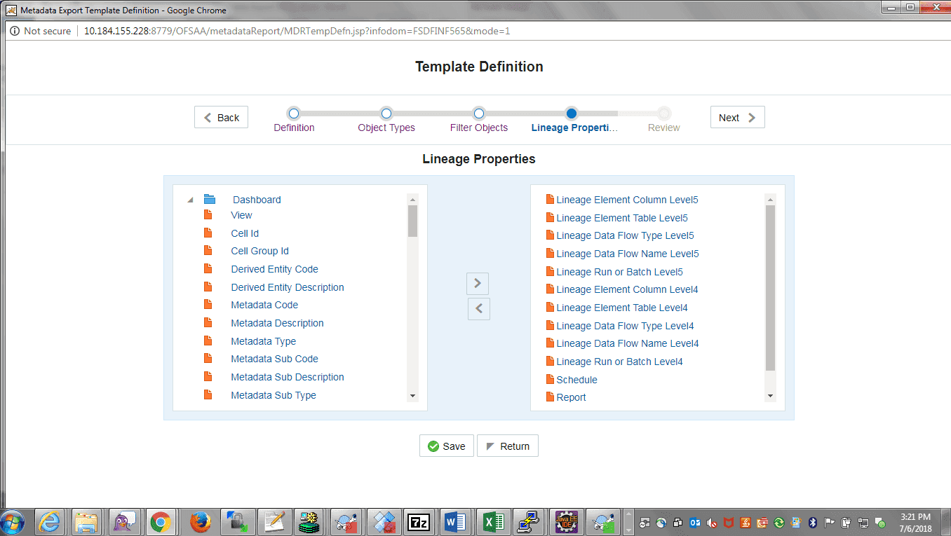 Description of the Template Definition Lineage Properties window follows This illustration shows the list of available Lineage properties that can be selected, you can add the lineage properties using the remove icon and click Save.