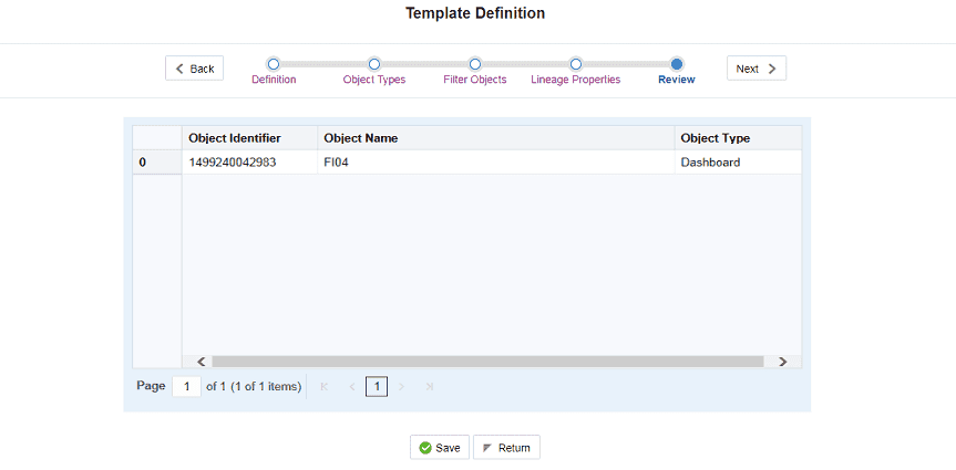 Description of the Template Definition Save window follows This illustration shows the saved template definition details.