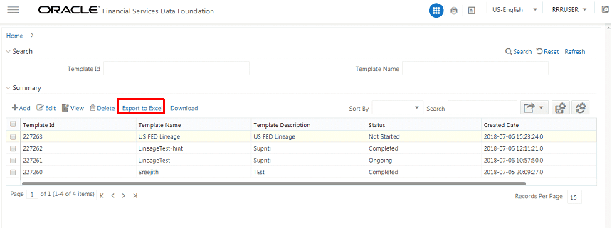 Description of the Metadata Report Template Summary screen follows This illustration shows the Metadata Report Template details that can be exported to excel. You can select the required Template ID and click Export to Excel.