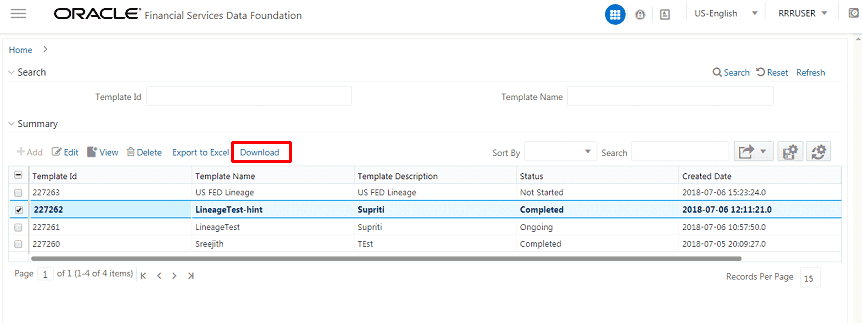 Description of the Metadata Report Download Screen follows This illustration shows the list of available metadata report that can be downloaded. You can select the Template ID and click Download.