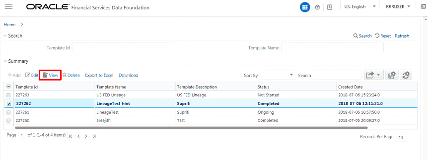 Description of the Metadata Report View Screen follows This illustration shows the metadata report template summary, you can select the template from the available list and click View. 