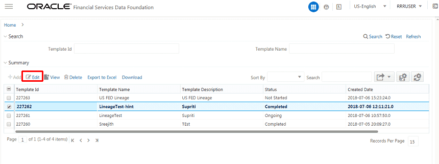Description of the Metadata Report Edit Screen follows This illustration shows the metadata report template summary, you can select the template from the available list and click Edit. 