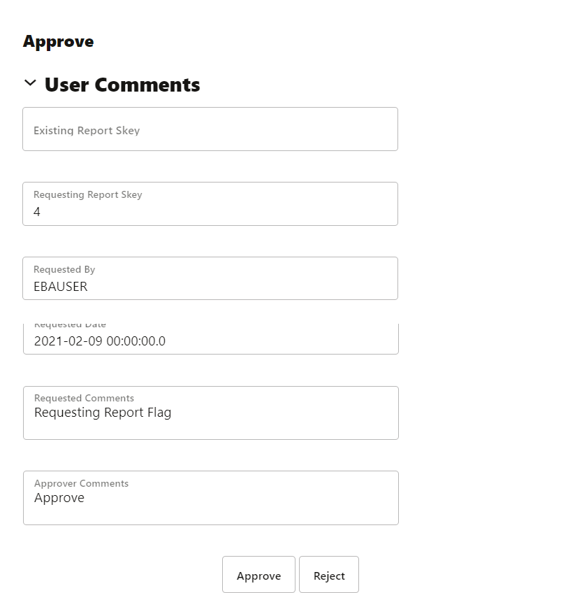 This illustration shows the request report flag to be approved. You must enter the details in the Requesting Report Skey, Requested By, Requested Date, Requested Comments and Approver Comments and click Approve.