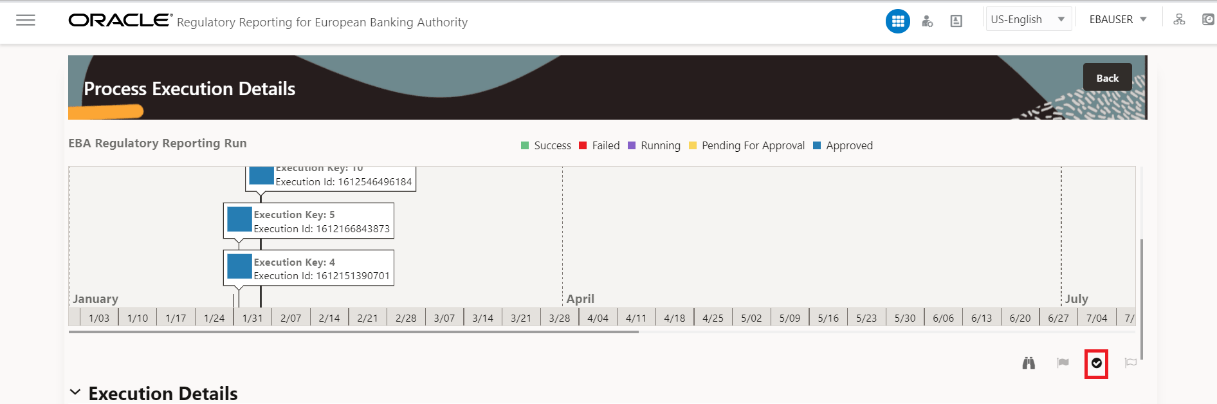 This illustration shows the run execution that has report flag pending for approval.