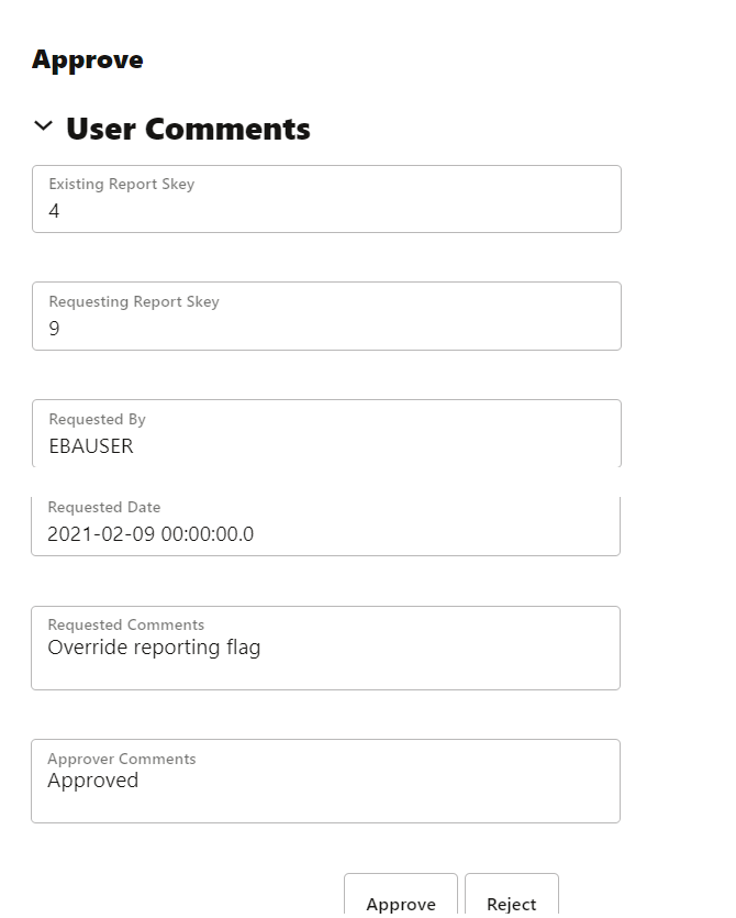 This illustration shows the Approval window for the run execution that has overriding report flag.