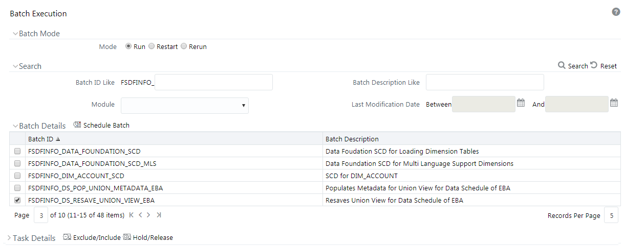 This illustration shows the batch selection to resave all the views used in EBA or ECR.