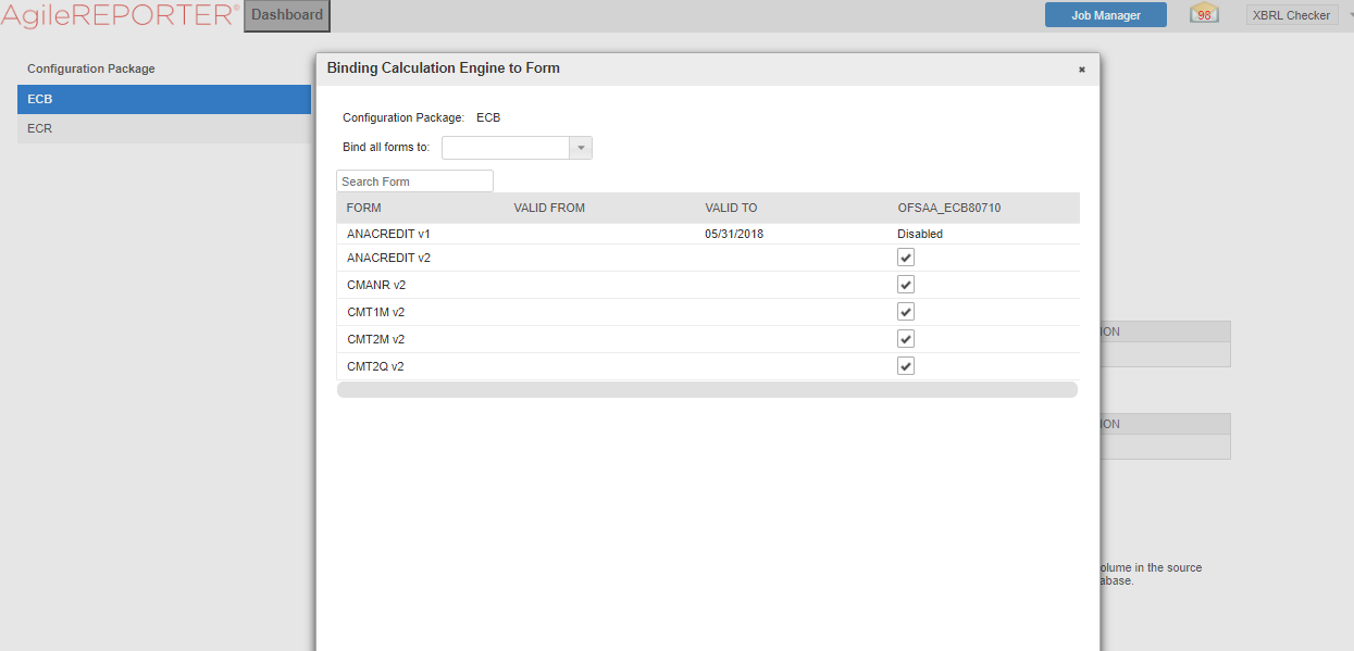 This illustration shows the Binding Calculation Engine to Form window with navigation steps. Starting from Settings, then selecting Administration, then selecting Config package Binding and then selecting Binding Calculation Engine to Form.