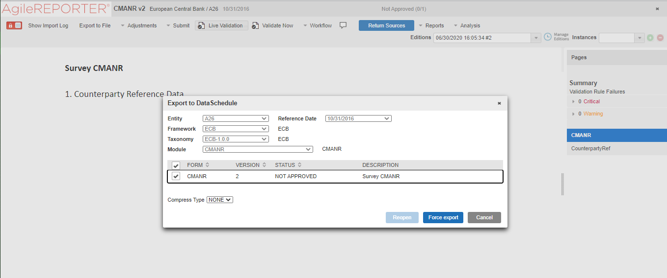 This illustration shows the Export to Data Schedule page where you can export the data to the required data schedule.