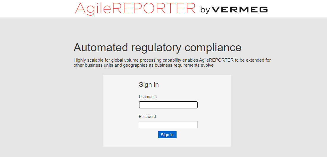 This illustration shows the login page for the AgileREPORTER application. You must enter valid User ID and Password, and then click Sign in.