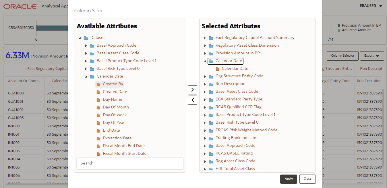 This illustration shows the list of available attributes and the selected attributes, you can select the attribute and add the attribute and click Apply.