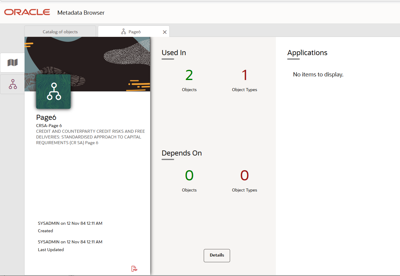 This illustration shows the Reporting Metadata schedule details such as Depends on, Used In and Applications.