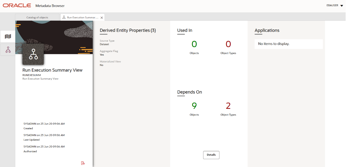 This illustration shows the Business Metadata Derived Entity details such as Depends on, Used In and Applications