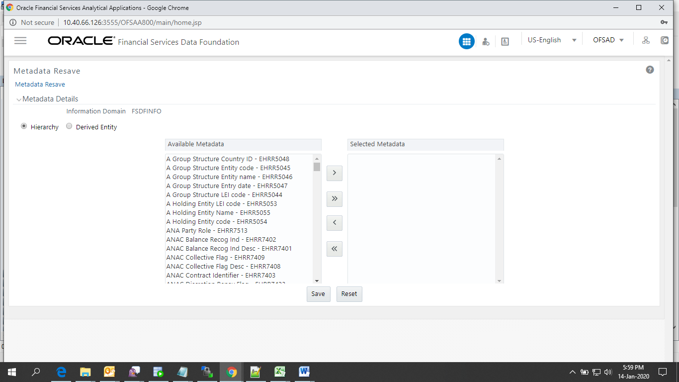 This illustration shows the Basel Metadata Resave Screen with the list of available hierarchies, you can select the hierarchy and click Save.