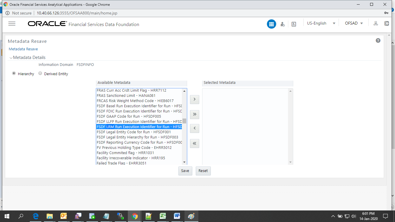 This illustration shows the LRM Metadata Resave Screen with the list of available hierarchies, you can select the hierarchy and click Save.