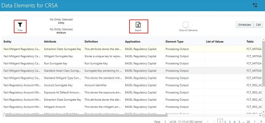 This illustration shows the Data Elements screen with Filter and Export options.