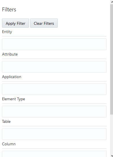 This illustration shows the Filters window with filter details such as Entity, Attribute, Application, Element Type, Table and column and click Apply Filter.