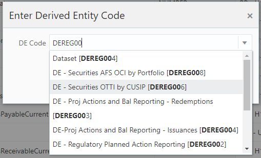 This illustration shows the Derived Entities List window, you can search the specific derived entity in the search pane.