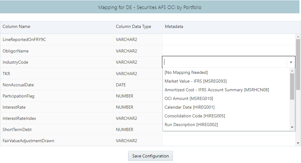 This illustration shows the Metadata mapping window for the derived entities. You must double-click on the respective row in the Metadata column to map the line item to the derived entity column and click Save Configuration.