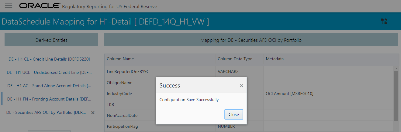 This illustration shows the Saving Mapping Configuration window where the configuration saved successfully message appears after saving the configuration.