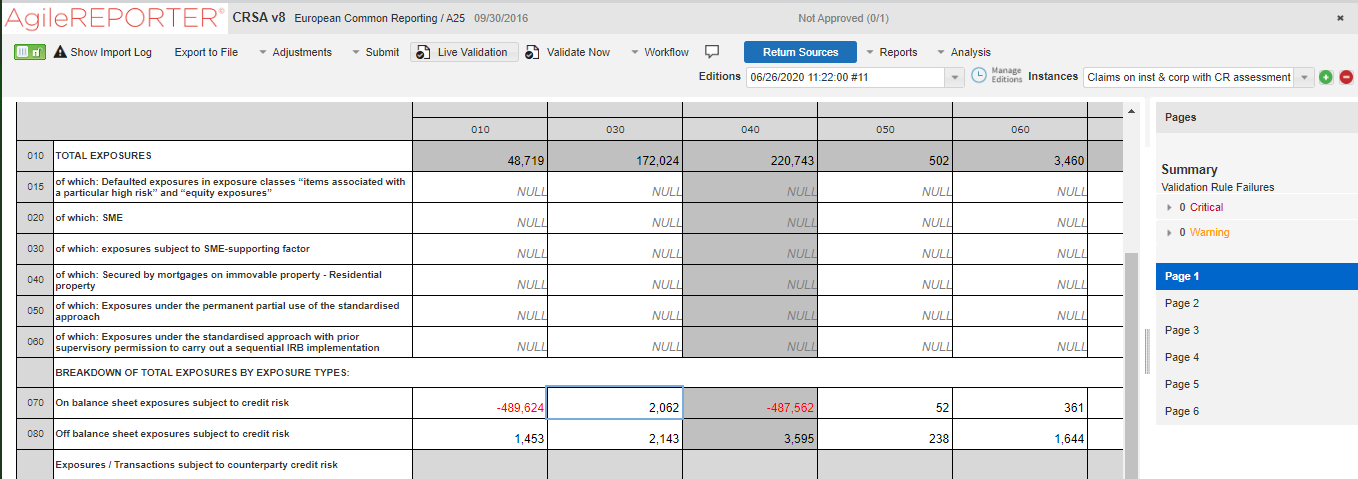 This illustration shows the Adjustment Feature for Page Instance page, with the page instance for the identified cell and the line item where the adjustment must be implemented in AgileREPORTER.