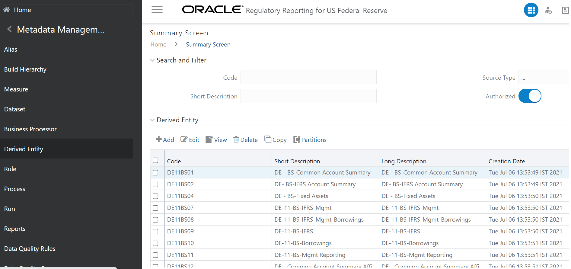 Description of Derived Entity Summary page This illustration shows the Derived Entity summary where you can add the Derived Entity details.