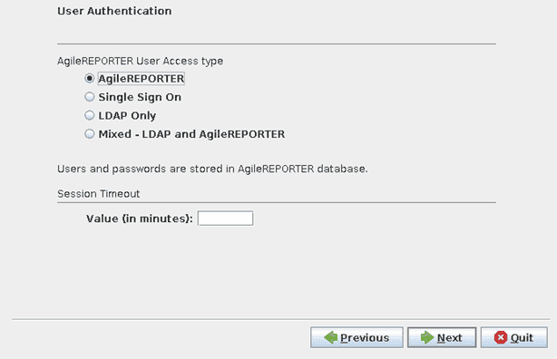 This illustration shows the User Authentication for the Agile REPORTER User Access type details.