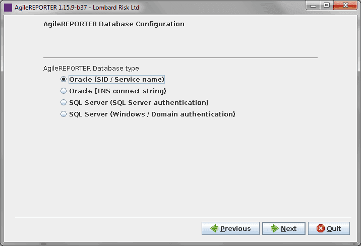 This illustration shows the Agile REPORTER database type selection details.