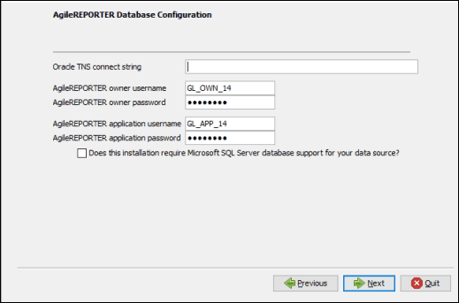 This illustration shows the AgileREPORTER Database Configuration Oracle (TNS connect string) details.
