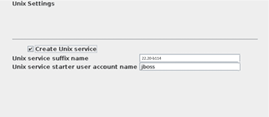 This illustration shows the Unix setting screen which consists of the Unix service suffix name and the Unix service starter user account name fields during the installation. 