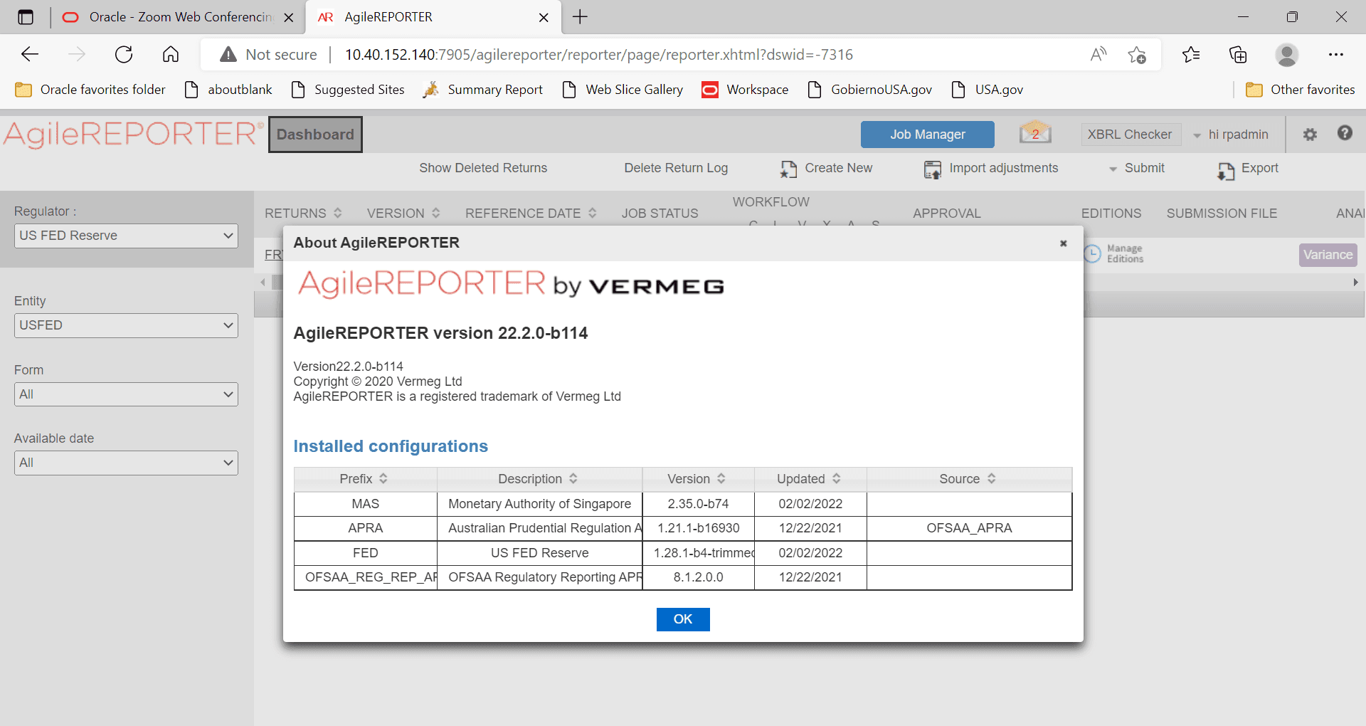 This illustration shows the Installed configuration in the AgileREPORTER dashboard.