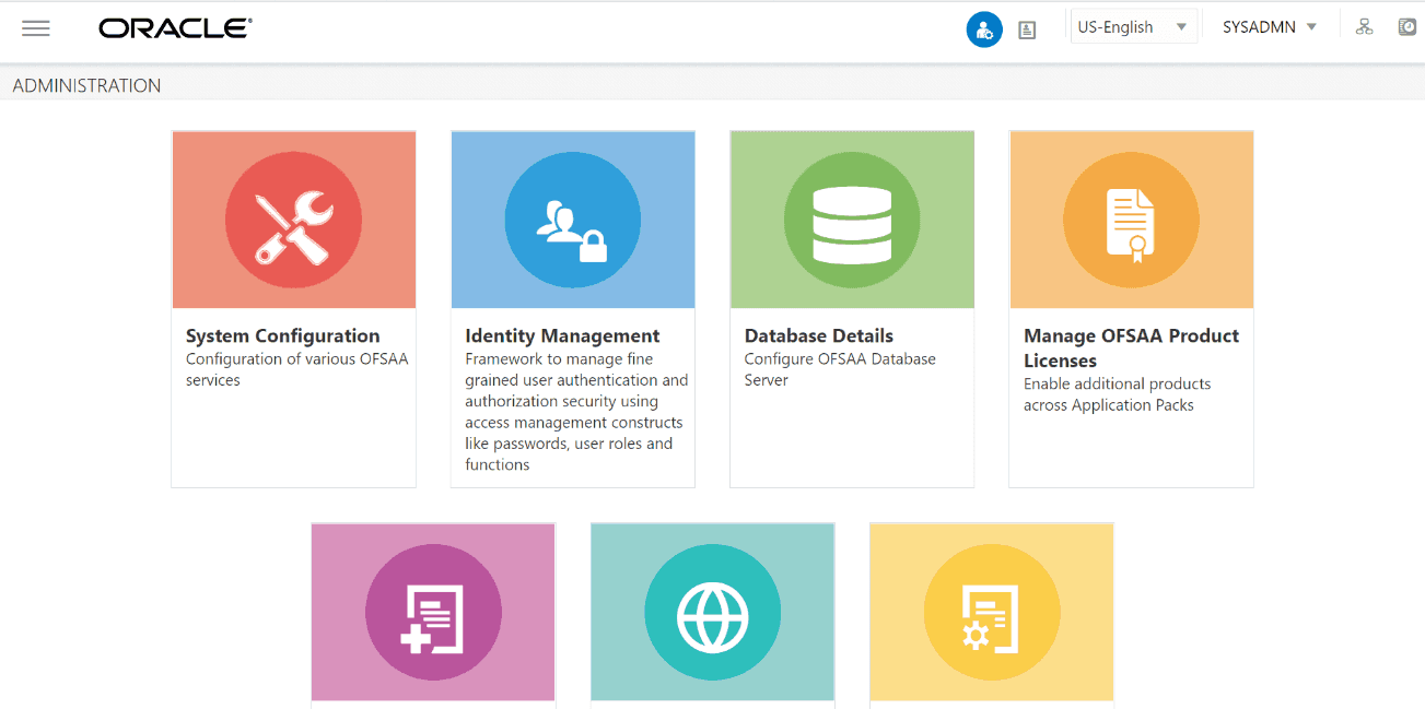 This illustration shows the OFSAA Administration page with System Configuration, Identity Management, Database Details, manage OFSAA product Licenses and so on.