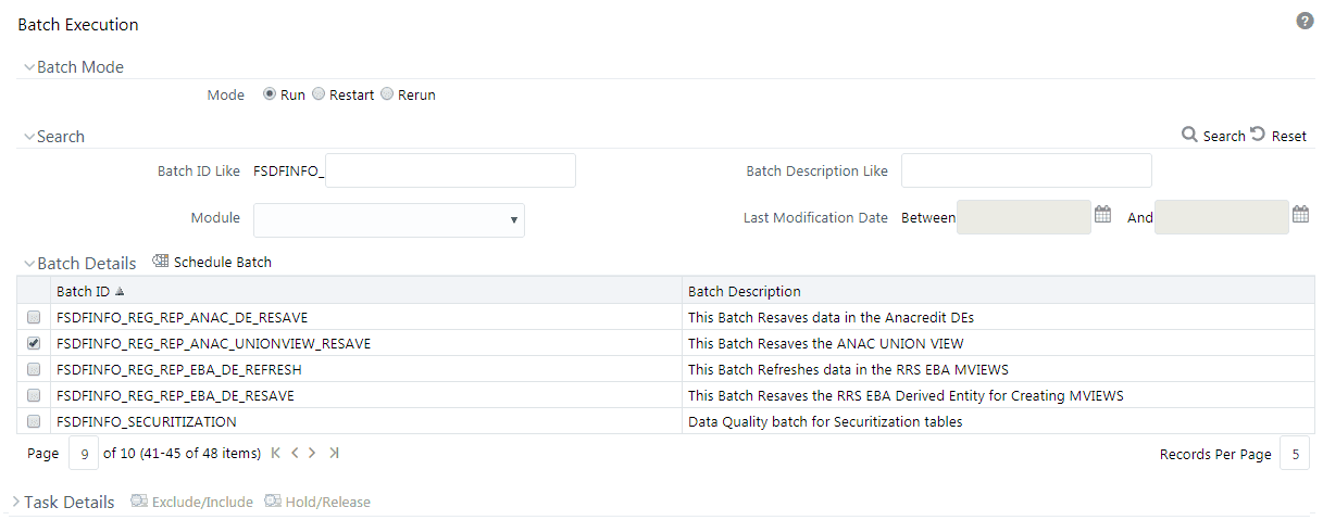 This illustration shows the AnaCredit batch selection to resave all the views used in ECB.