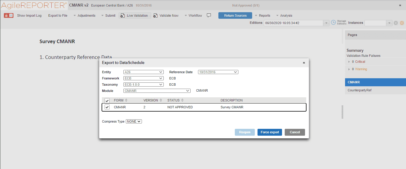 This illustration shows the Export to Data Schedule page where you can export the data to the required data schedule.