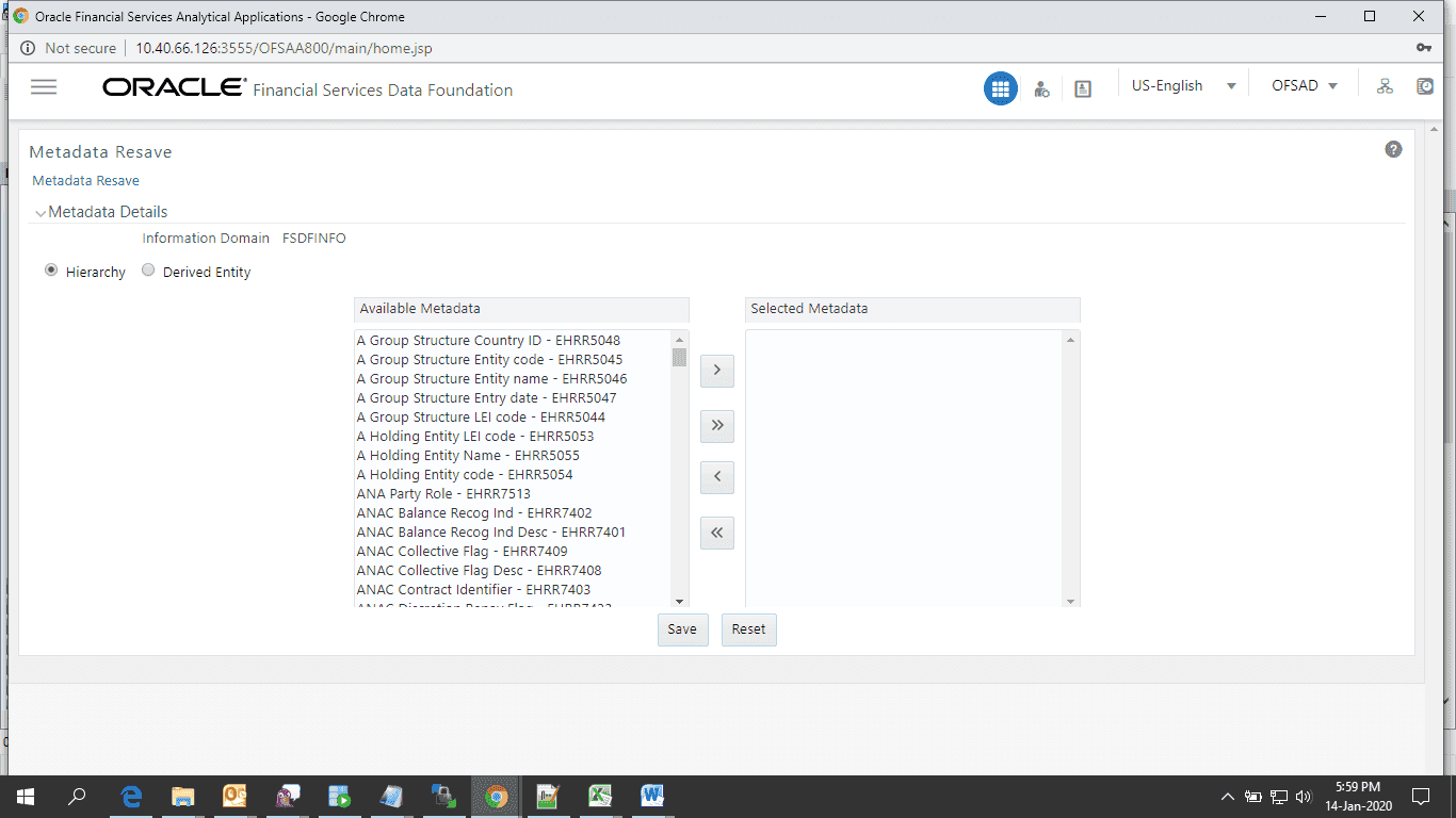 This illustration shows the Basel Metadata Resave Screen with the list of available hierarchies, you can select the hierarchy and click Save.