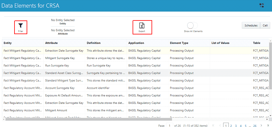 This illustration shows the Data Elements screen with Filter and Export options.