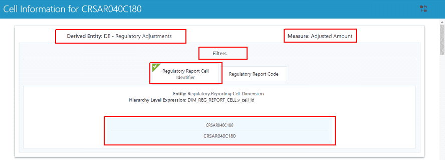 This illustration shows the cell information such as Derived Entities, Measure, Filters, regulatory Report Cell Identifier and Cell Dimension.