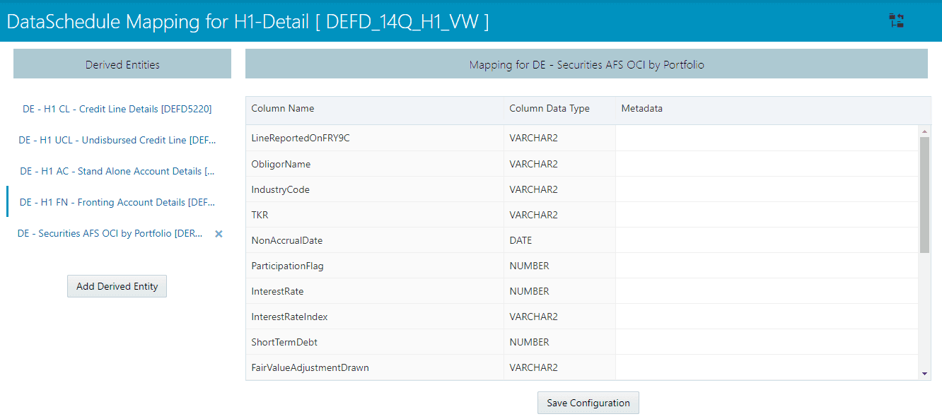 This illustration shows the Data Schedule mapping window for the derived entities. 
