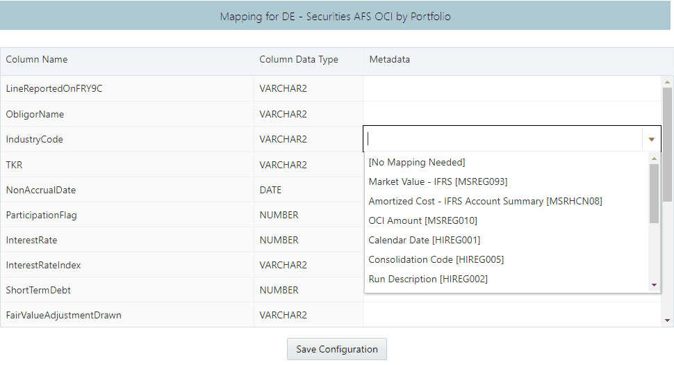 This illustration shows the Metadata mapping window for the derived entities. You must double-click on the respective row in the Metadata column to map the line item to the derived entity column and click Save Configuration. 